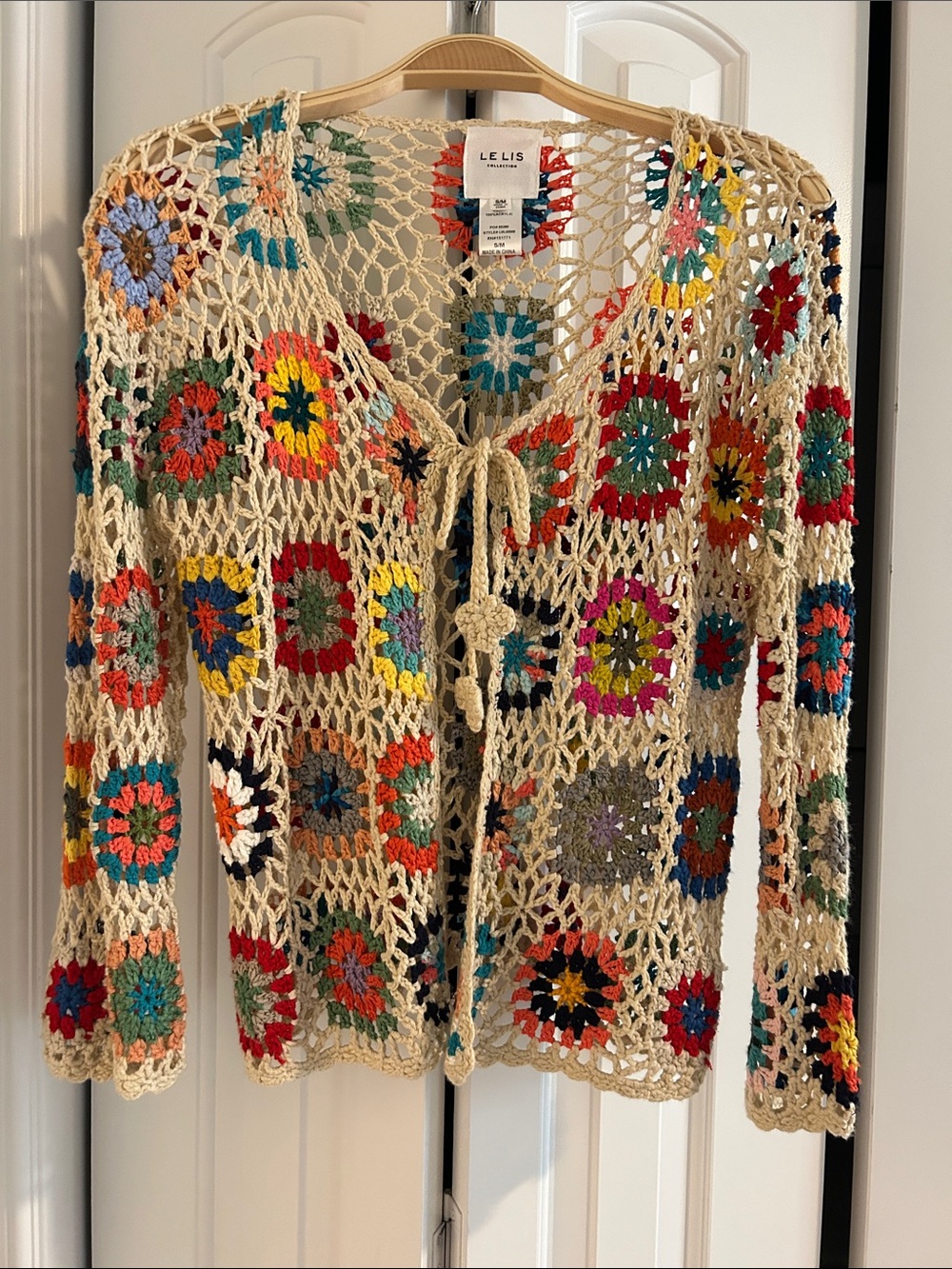Le Lis Cream Crochet Open-Knit Cardigan with Multicolor Motifs